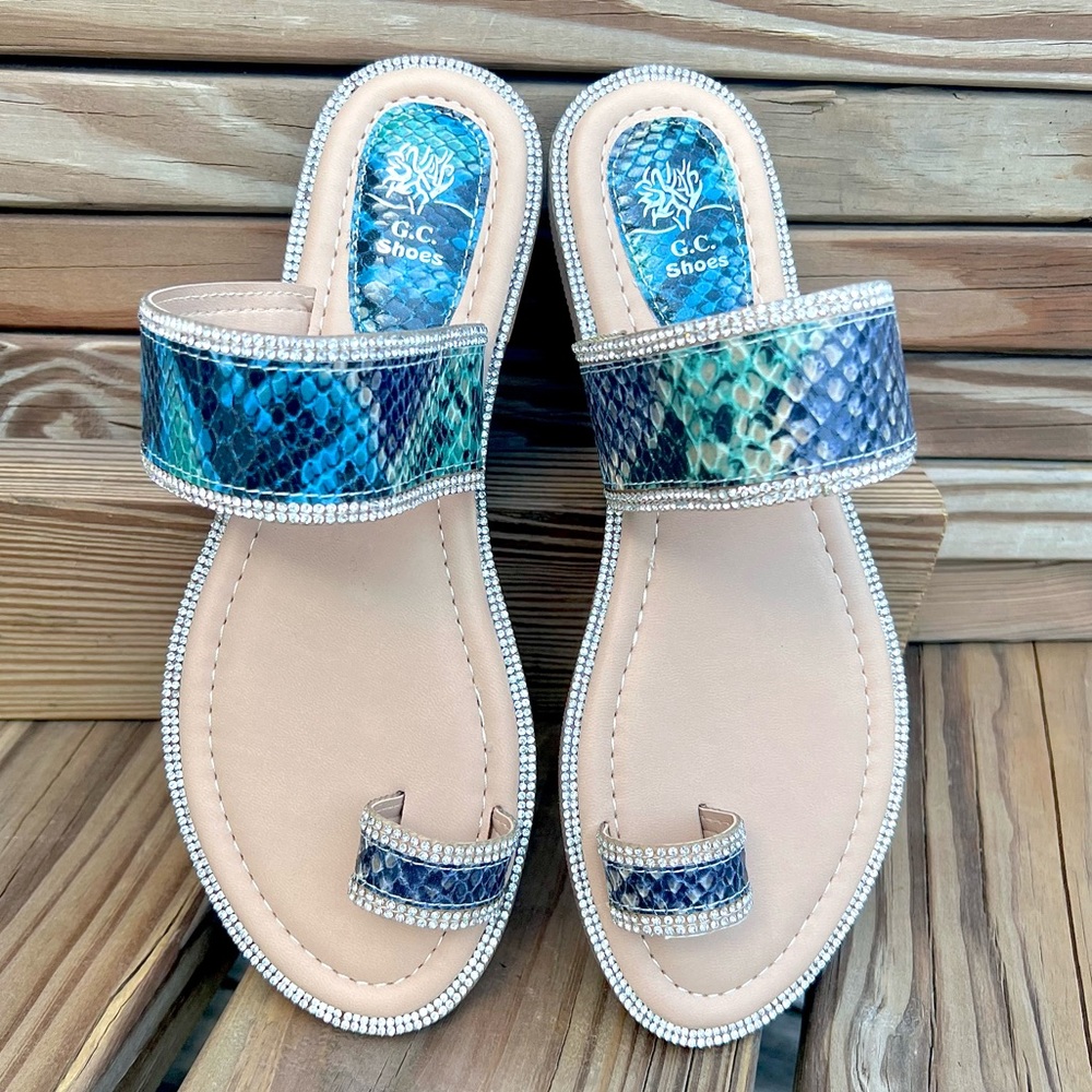 - Blue Snakeskin Leather Thong Sandals SZ 7! NEW!